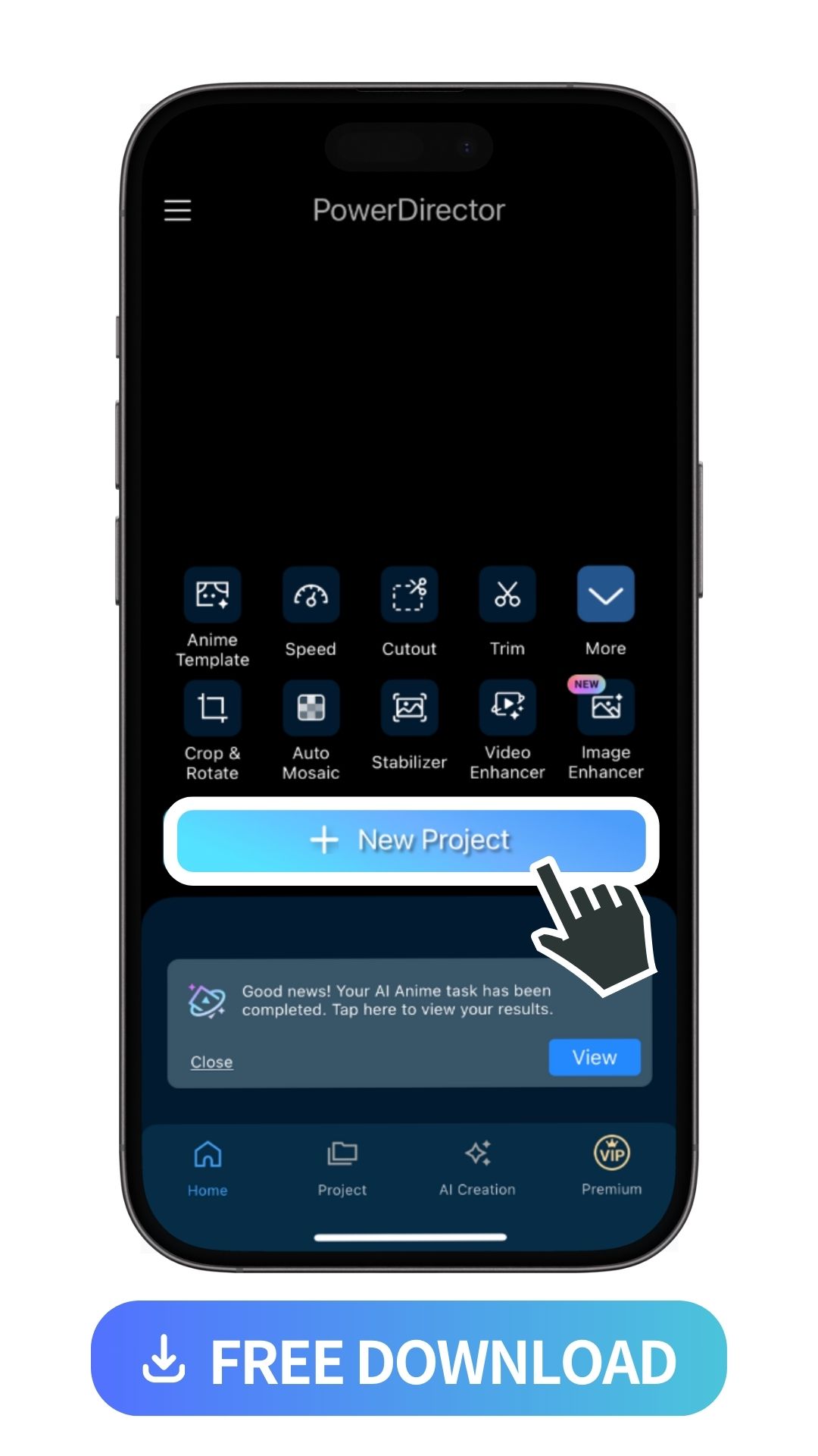 launcher of PowerDirector and highlight +New Project feature icon